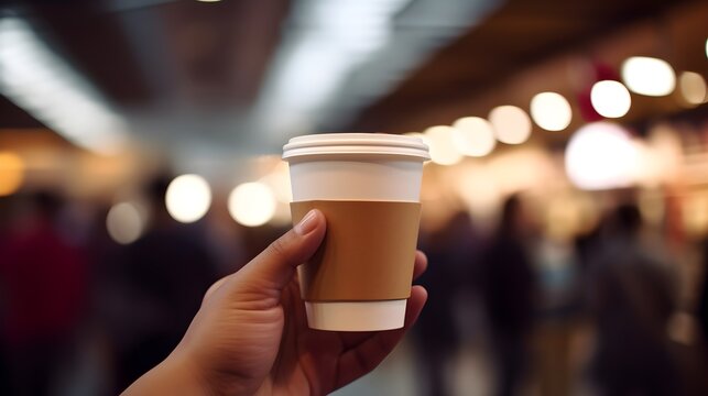 Hand holding up a Coffee paper cup isolated on blurred bokeh background, Holding cup of Coffee mockup on Food street in night, Empty Coffee cup for logo placement, Coffee cup in hand mockup,