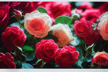 Closeup macro blossom vivid red color rose bouquets with ravishing realistic detail. Beautiful floral scenery and flower background for beauty perfume product by Generative AI.