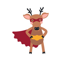 Cute funny deer superhero in costume cartoon character illustration. Hand drawn Scandinavian style flat design, isolated vector. Kids print element, cool, brave animal, comic book super hero
