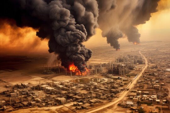 Intense devastation as thick smoke and flames engulf oil fields in Iraq, portraying the impact of war and destruction. Generative AI