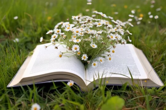 An open book with daisys growing out of it. Generative Ai
