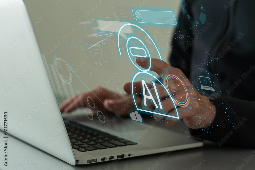 Poster man using laptop or smartphone with chat gpt chat with ai, artificial intelligence, system artificia