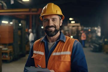 Smiling photo of worker man inside factory. Generative AI
