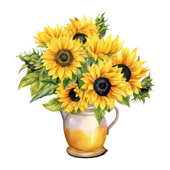 Watercolor rustic  sunflower blooming bouquet in vase, yellow flower for decoration elements. Generate AI.