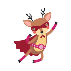 Cute funny deer superhero in costume cartoon character illustration. Hand drawn Scandinavian style flat design, isolated vector. Kids print element, cool, brave animal, comic book super hero