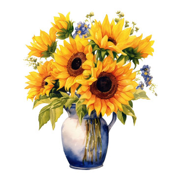 Watercolor rustic  sunflower blooming bouquet in vase, yellow flower for decoration elements. Generate AI