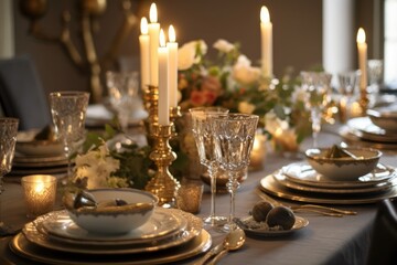 Photo of a beautiful dinner table prepared for New Year's Eve. Generative AI