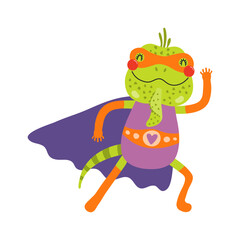 Cute funny iguana superhero in costume cartoon character illustration. Hand drawn Scandinavian style flat design, isolated vector. Kids print element, cool, brave animal, comic book super hero