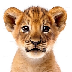 lion cub face shot, isolated on white background, generative AI