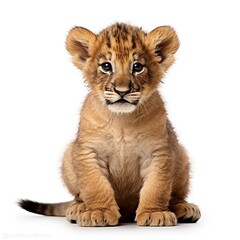 Fototapeta na wymiar lion cub face shot, isolated on white background, generative AI