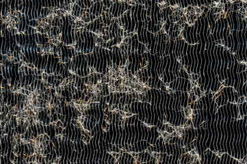 Macro of seed pods and dust collecting on the heat exchanger coils of an air conditioner outside. 