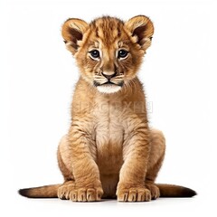 Fototapeta na wymiar lion cub face shot, isolated on white background, generative AI