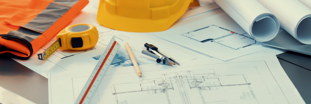 Architectural Designed Building Blueprint Layout And Engineer Tool For Designing Blueprint With Contractor Project Document On Engineer Workspace Table In Office With Safety Helmet Or Hardhat. Insight