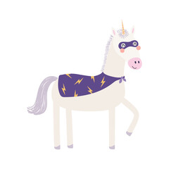 Cute funny unicorn superhero in costume cartoon character illustration. Hand drawn Scandinavian style flat design, isolated vector. Kids print element, cool, brave animal, comic book super hero