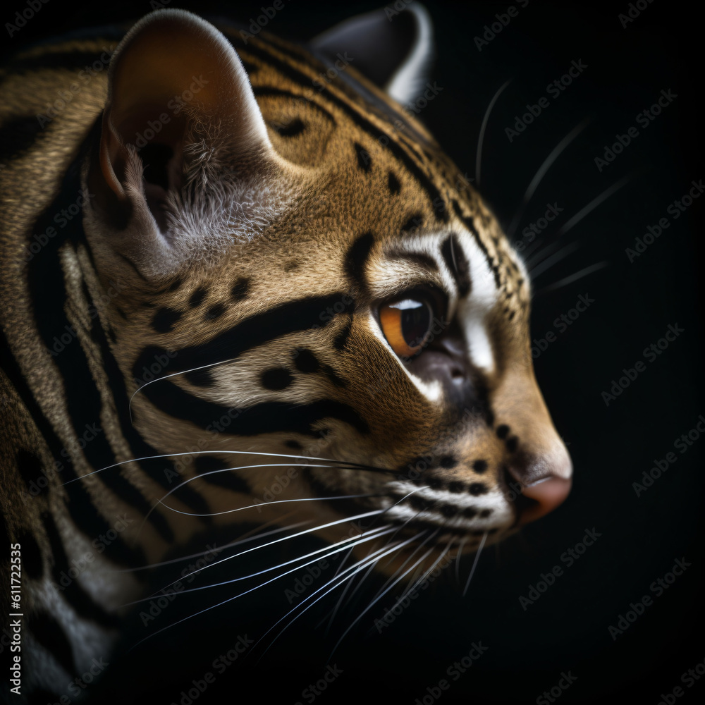 Wall mural an ocelot isolated on a black background generative ai