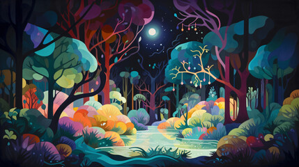 Fototapeta na wymiar A psychedelic colorful illustration of a forest in the night full of bushes and trees of different colors flat design vector style illustration Generative Ai 