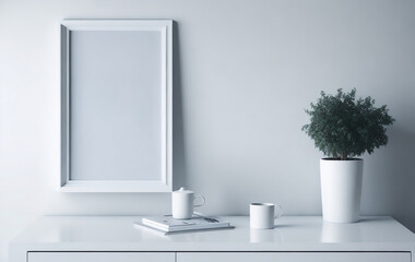 White Frame Mockup with Table Decor and Flower Pot . Ai Generative
