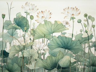 Watercolor background with white flowers and green leaves Generative Ai
