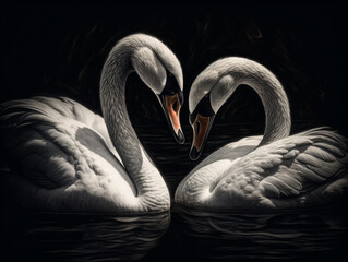 Two white swans forming a heart shape isolated on a black background Generative Ai