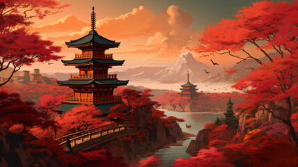 A pagoda surrounded by red trees Generative Ai