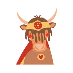 Cute funny yak superhero in costume cartoon character illustration. Hand drawn Scandinavian style flat design, isolated vector. Kids print element, cool, brave animal, comic book super hero