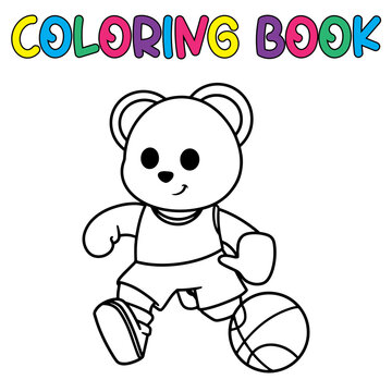 Coloring book cute panda bear playing basketball - vector illustration.