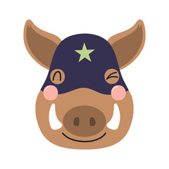 Cute funny boar superhero face in mask cartoon character illustration. Hand drawn Scandinavian style flat design, isolated vector. Kids print element, cool, brave animal, comic book super hero