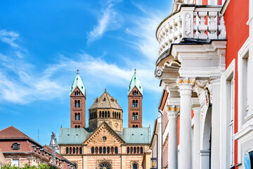 View of the cathedral and historic town hall in Speyer on a sunny day in summer, Germany