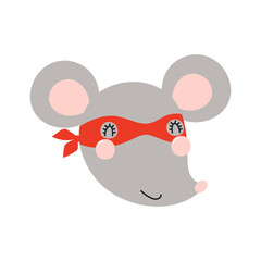 Cute funny mouse superhero face in mask cartoon character illustration. Hand drawn Scandinavian style flat design, isolated vector. Kids print element, cool, brave animal, comic book super hero