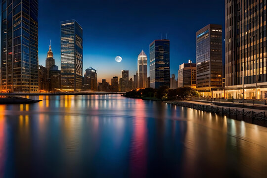High above the cityscape, the moon hangs like a radiant pearl amidst a tapestry of skyscrapers. The city's lights create a dazzling display of colors