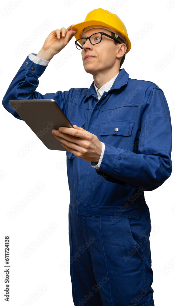 Poster isolated engineer with digital tablet