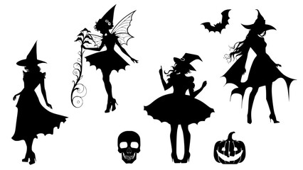 Stylish silhouettes of fashion ladies in Halloween costumes, Halloween decorations