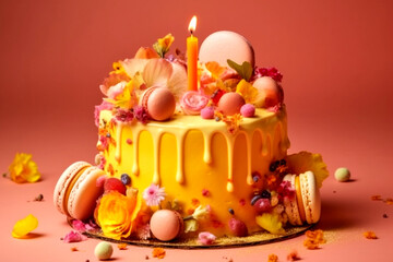 Summer birthday cake, yellow pink background