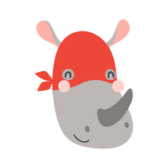 Cute funny rhino superhero face in mask cartoon character illustration. Hand drawn Scandinavian style flat design, isolated vector. Kids print element, cool, brave animal, comic book super hero