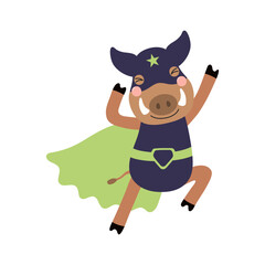 Cute funny wild boar superhero in costume cartoon character illustration. Hand drawn Scandinavian style flat design, isolated vector. Kids print element, cool, brave animal, comic book super hero
