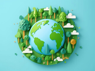 Banner of colorful map of the globe with green trees cut out of paper