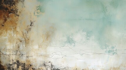 Distressed painted surface. Light green, brown, beige antique aged metal, wall. Vintage texture backdrop. Generative Ai.