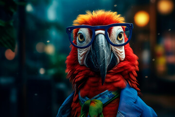 friendly and charismatic parrot character involved in an everyday activity, animal influencer, animals banner, Generative AI