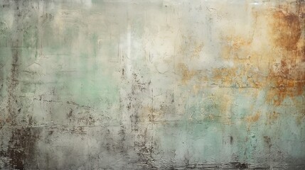 Fototapeta na wymiar Distressed painted surface. Light green, brown, beige antique aged metal, wall. Vintage texture backdrop. Generative Ai.