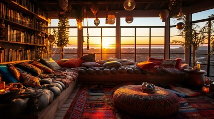 Fototapeta premium Sunset-Infused Bohemian Loft Retreat, Vibrant Textiles, Cozy Ambiance, Floor-to-ceiling Bookshelf, Moroccan Lamps, Serene Dusk Overlook, Urban Penthouse - Generative AI