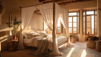 Rustic Mediterranean Bedroom Retreat, Canopy bed, Earthy tones, Terracotta floor, Sunlit ambiance, Cozy morning in an Italian countryside villa - Generative AI.