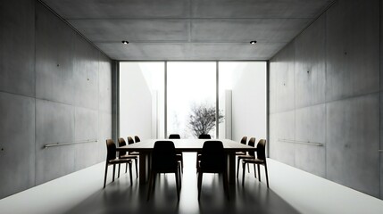 Minimalist Corporate Boardroom, Concrete walls, Sleek design, Neutral tones, Large window, Tranquil tree view, Ambient lighting, Architectural elegance in Tokyo, Japan - Generative AI