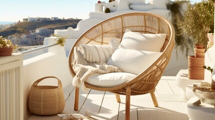 Mediterranean Terrace Design, Rattan Cocoon Chair, Earthy Tones, Cushions, Potted Plants, Overlooking White Architecture, Sunny Afternoon in Santorini, Greece - Generative AI