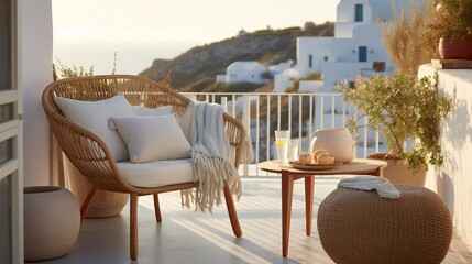 Mediterranean Coastal Balcony View, Wicker Furniture, Neutral Tones, Refreshing Beverage, Whitewashed Buildings, Golden Hour in Santorini, Greece - Generative AI.