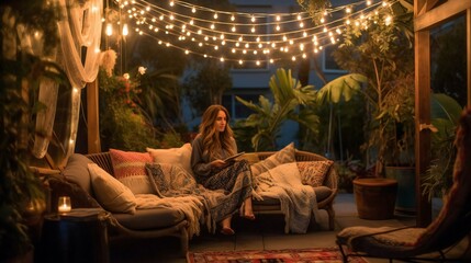 Bohemian Evening Oasis Terrace, Warm fairy lights, Greenery, Earthy tones and textures, Comfortable lounging, Intimate ambiance in a Serene Urban Balcony - Generative AI