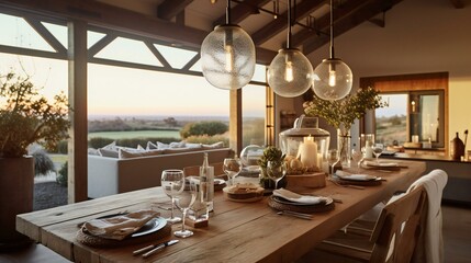 Obraz premium Rustic Elegance Dining Room Interior, Wooden table, Hanging glass lamps, Sunset hues, Greenery accents, Serene desert view, Warm ambient evening in Santa Fe - Generative AI.