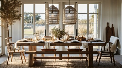 Obraz premium Rustic Elegance Dining Room Interior, Wooden table and chairs, Nature-inspired accents, Rattan cage chandeliers, Warm sunlight, Peaceful Afternoon Countryside View - Generative AI