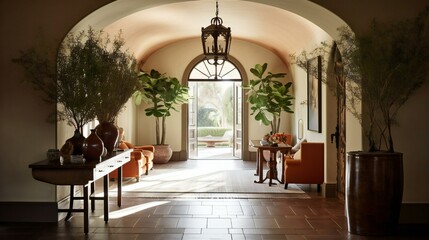 Fototapeta na wymiar Spanish Revival Foyer, Arched doorway, Terracotta and plaster, Restoration Hardware, Natural sunlight in the Afternoon in California, USA - Generative AI