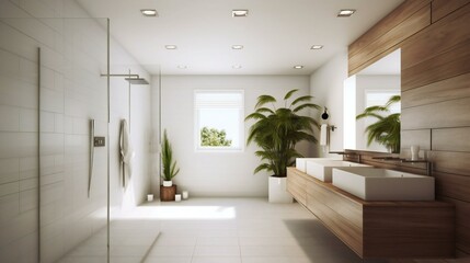 Scandinavian Minimalist Design Bathroom, Walk-in shower, Tile and wood,  IKEA style, Refreshing Morning in Beverly Hills, USA - Generative AI