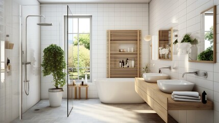 Fototapeta premium Scandinavian Minimalist Design Bathroom, Walk-in shower, Tile and wood, IKEA style, Refreshing Morning in Beverly Hills, USA - Generative AI